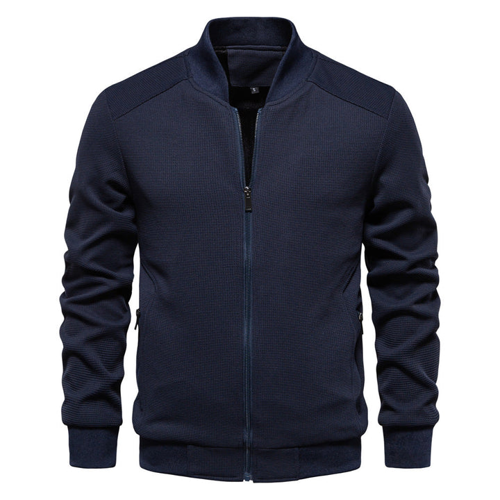 Warm men's zip-up bomber jacket, a perfect winter jacket choice with quilted details and ribbed collar.