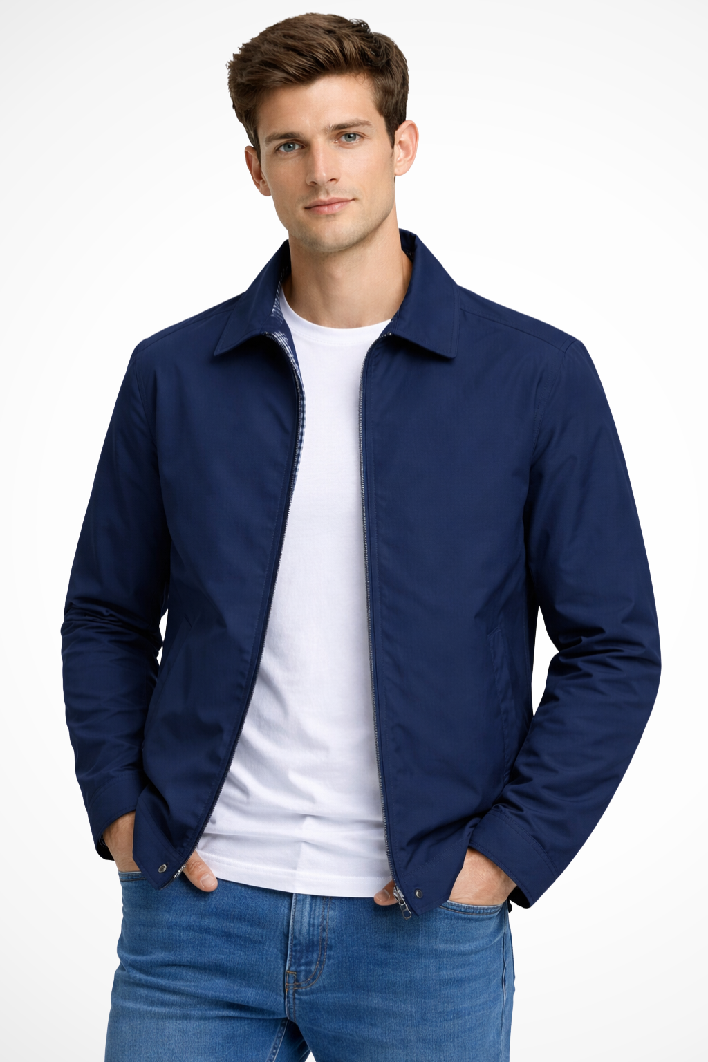 Men's collared Harrington jacket with classic check lining. Ideal for smart casual & everyday men's fashion.