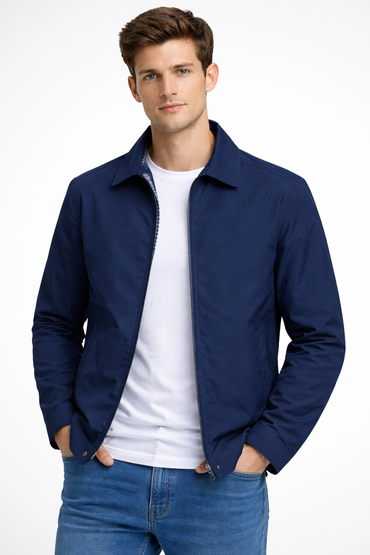 Men's collared Harrington jacket with classic check lining. Ideal for smart casual & everyday men's fashion.