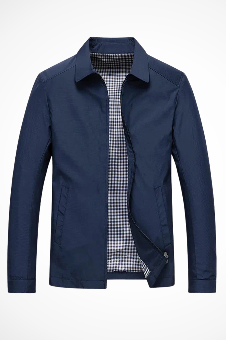 Stylish men's Harrington jacket, collared, with a subtle check lining. Perfect for modern casual fashion outerwear.