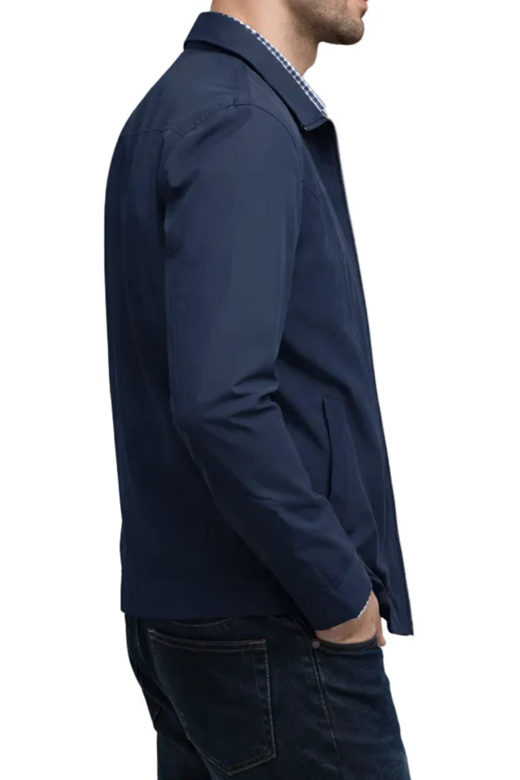Classic men's collared Harrington jacket featuring a distinctive check lining. Durable men's outerwear, everyday style.