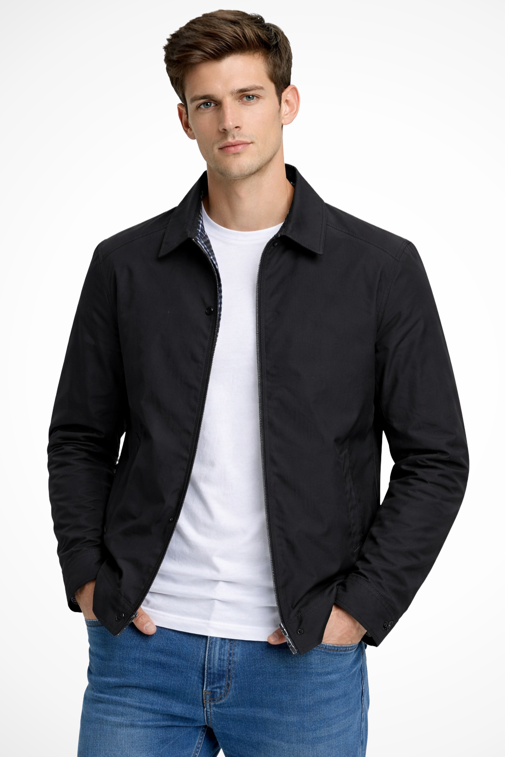 Smart casual men's Harrington jacket with a collared neck & check lining. Great for versatile everyday men's fashion.