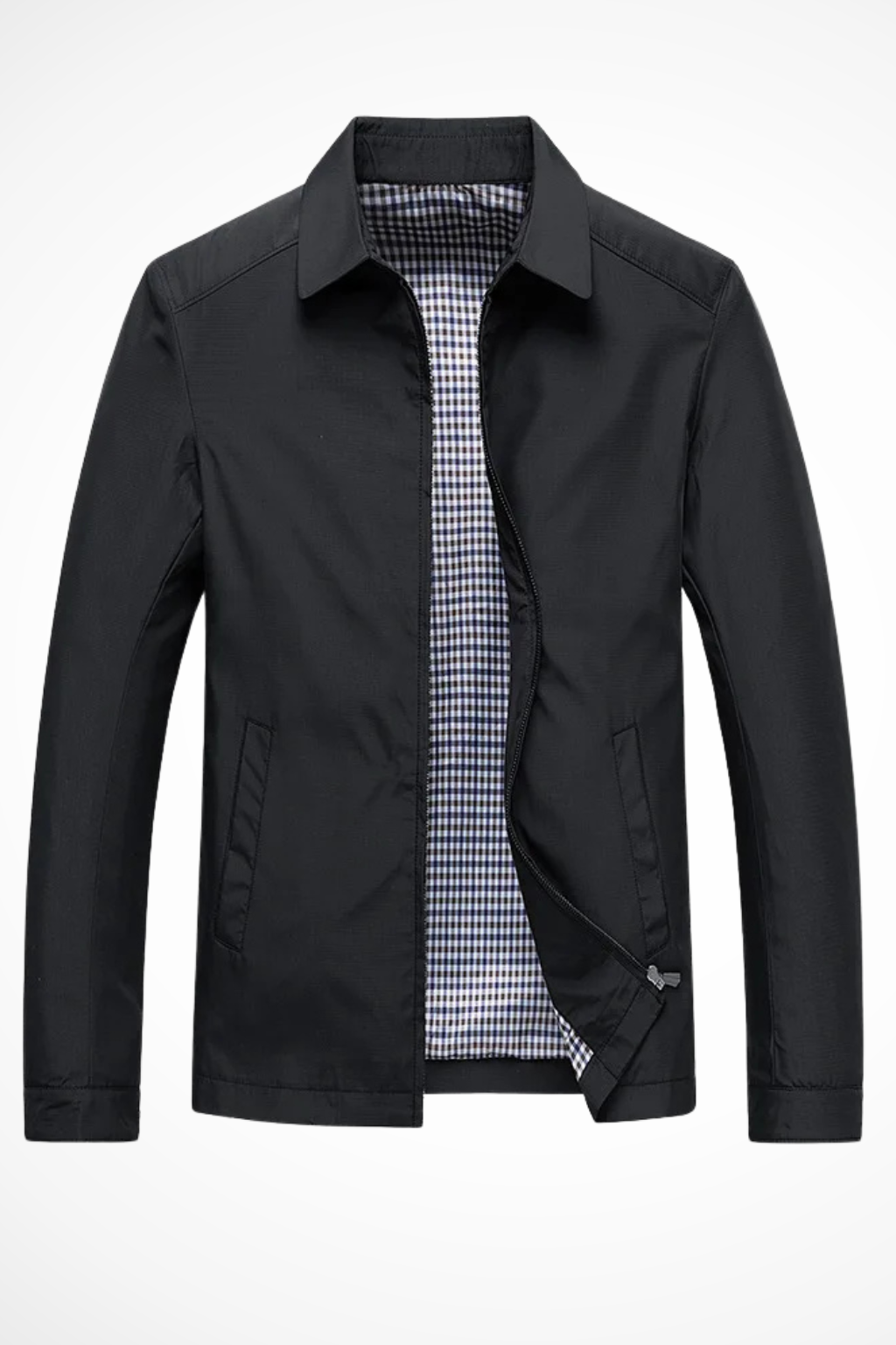 Man wearing a sleek collared Harrington jacket with visible check lining, showcasing comfortable men's casual outerwear.