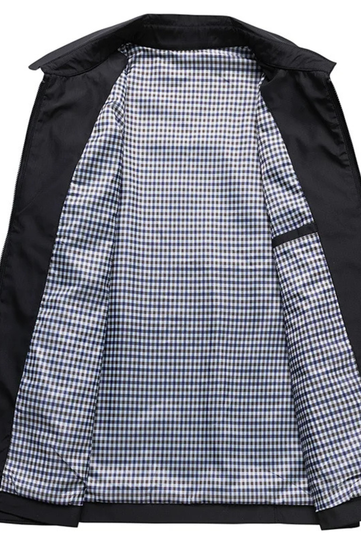 High-quality men's collared Harrington jacket with detailed check lining. Essential stylish outerwear for cool weather.