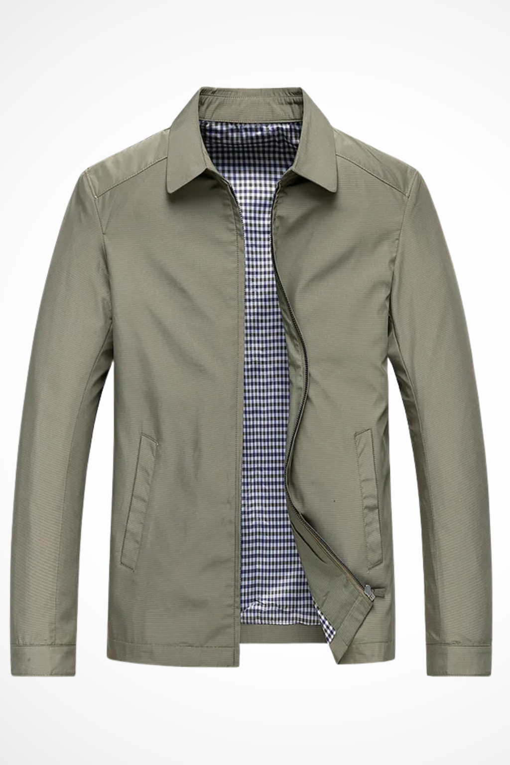 Versatile men's collared Harrington jacket, perfect outerwear for a sophisticated smart casual look with check lining.