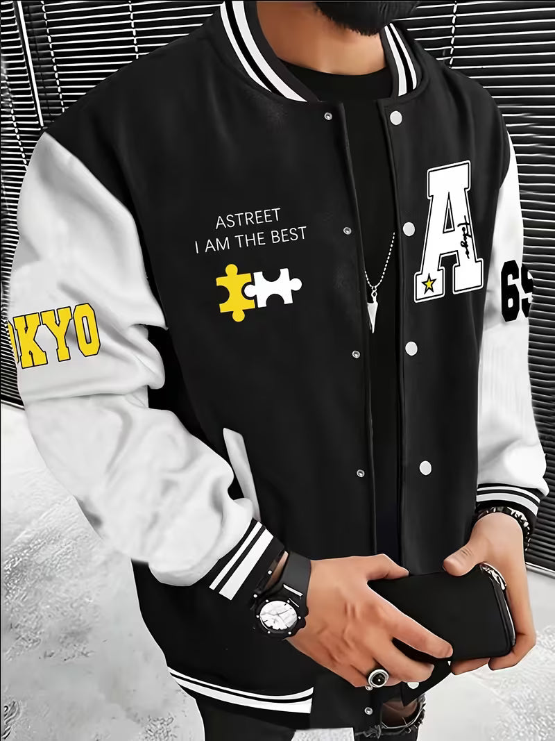 Men's color block bomber jacket, casual lightweight outerwear with baseball collar.