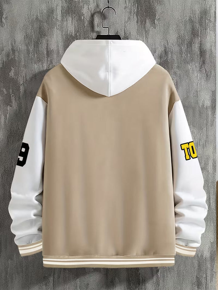 Men's baseball collar jacket, color block design, casual and lightweight for spring days.