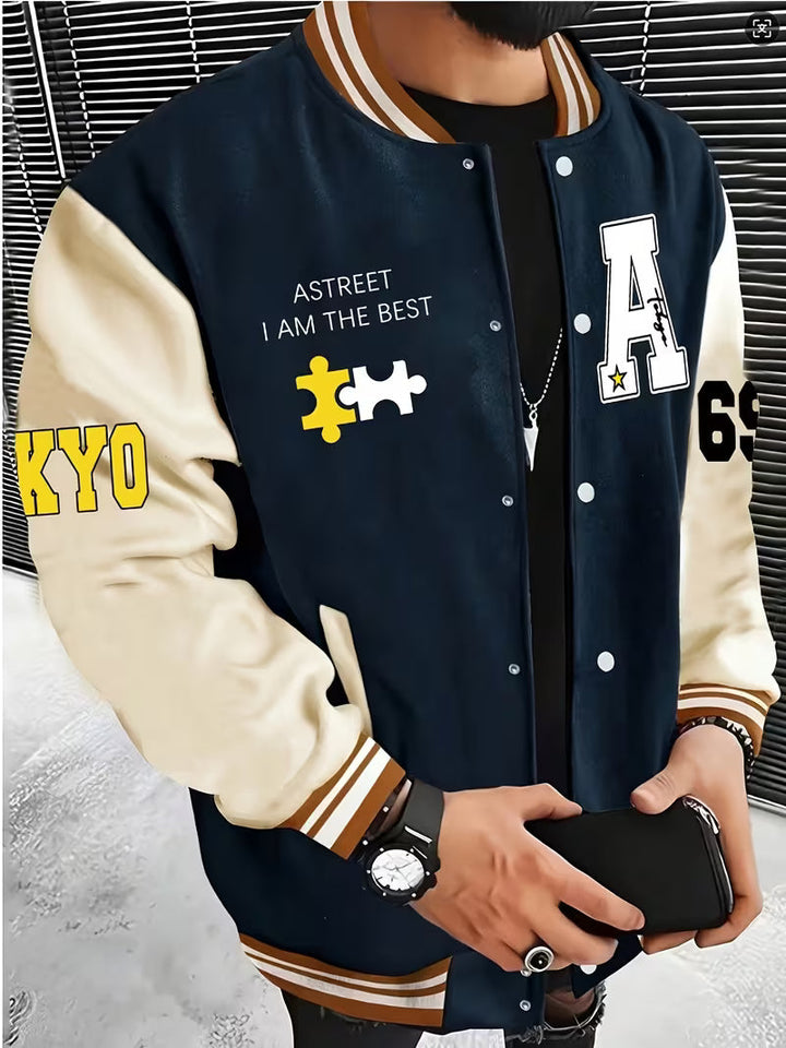 Sporty men's zip-up jacket, multi-color block design for spring/autumn wear.