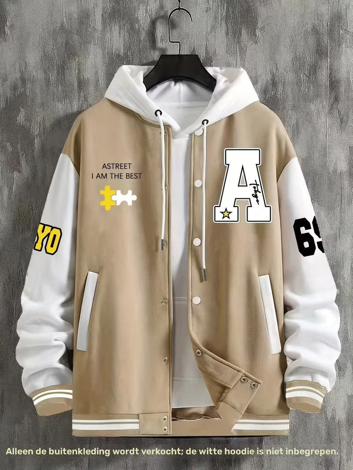 Lightweight men's color block jacket, casual baseball collar for everyday streetwear.