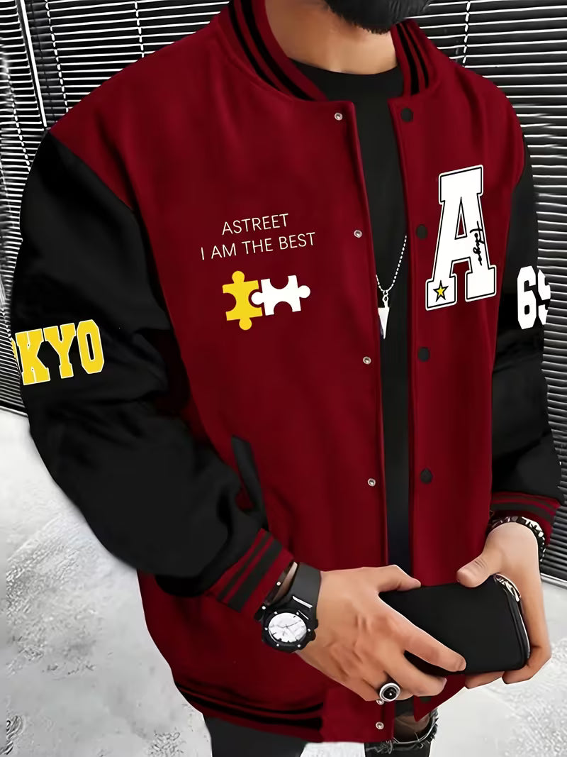 Versatile men's bomber style jacket, modern color block pattern, perfect for casual outings.