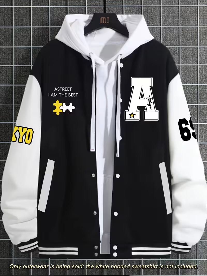Stylish men's outerwear, color block design, zip-up front, and ribbed baseball collar.