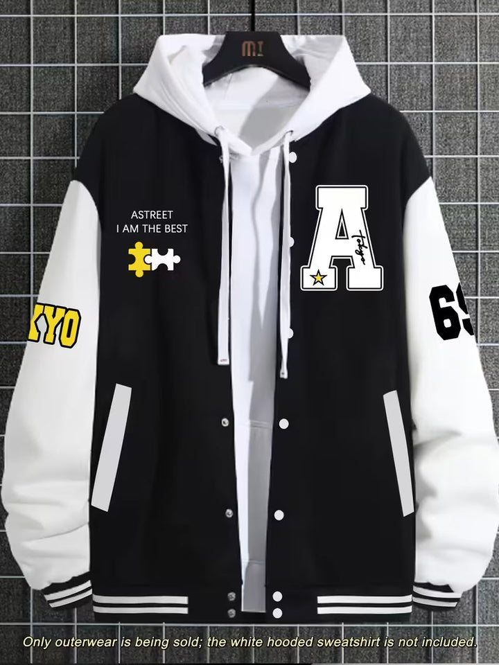 Stylish men's outerwear, color block design, zip-up front, and ribbed baseball collar.