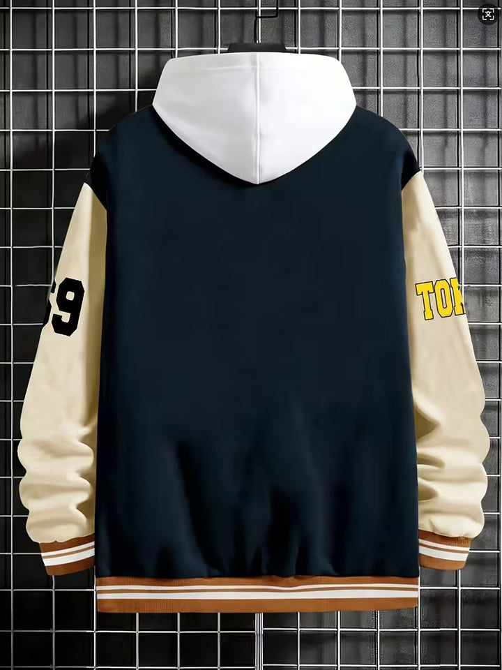 Men's fashion color block jacket, versatile outerwear with a sporty baseball collar.