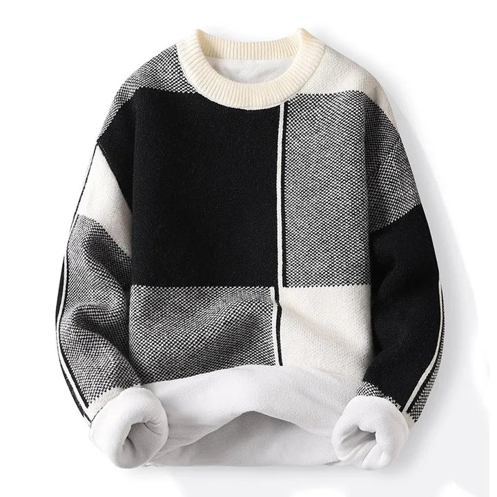 Men's colorblock crewneck sweater in modern geometric knit, ideal for spring fashion.