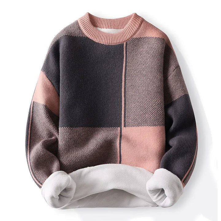 Geometric colorblock men's sweater, a modern knitwear piece with a comfortable crewneck.