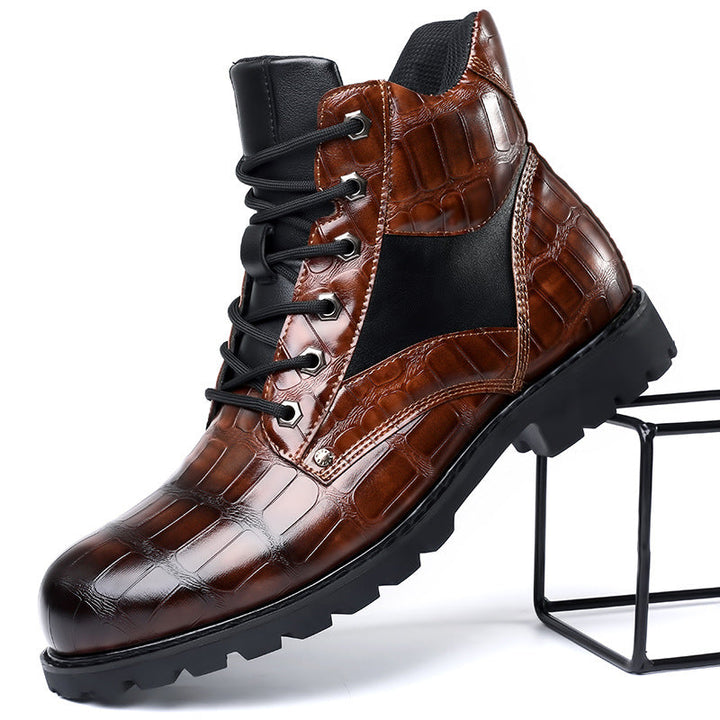Men's combat ankle boots, alligator embossed, combining rugged design with exotic style.