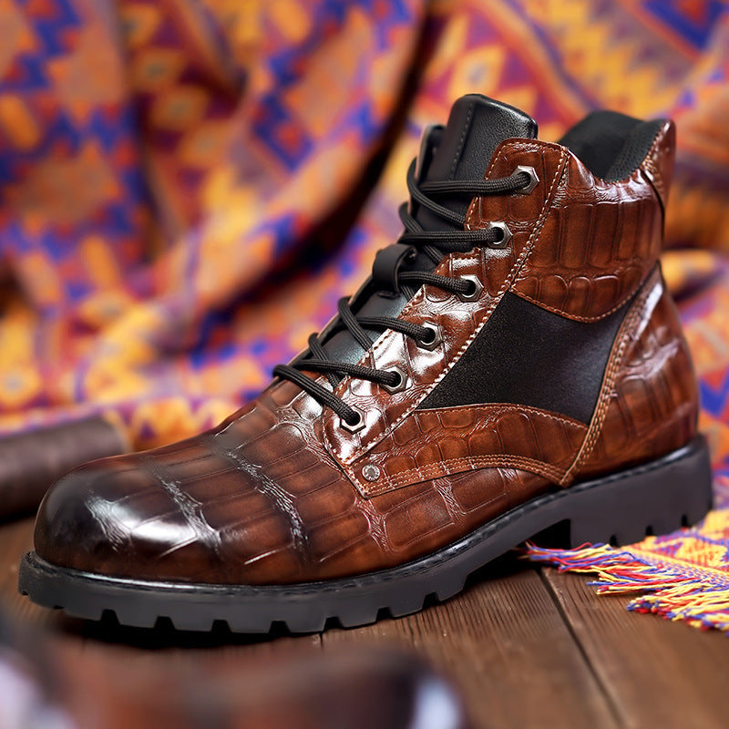 Stylish brown men's combat boots with unique alligator embossed texture and sturdy lace-up design.