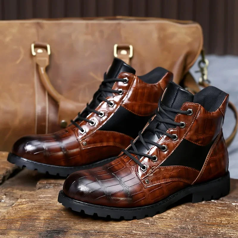 Fashionable men's statement combat boots, alligator embossed, perfect for a bold & versatile look.