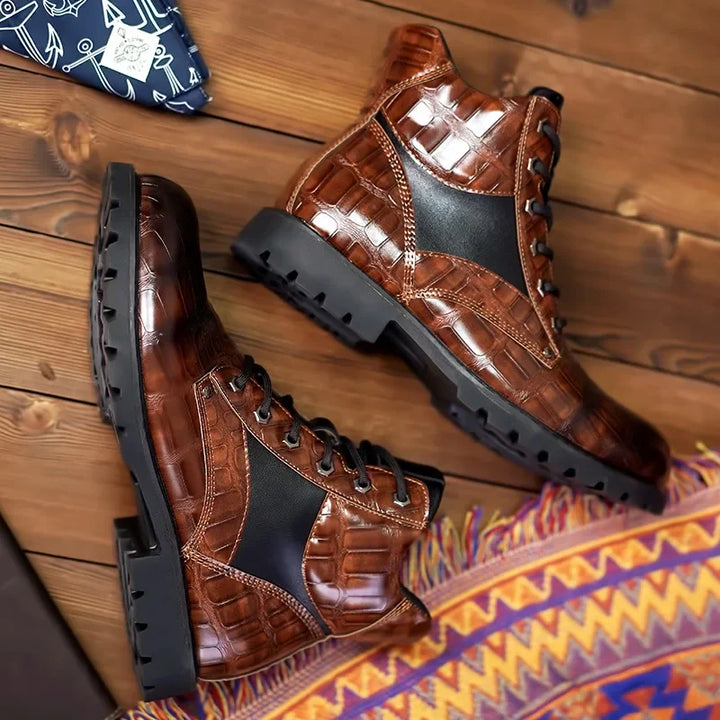 Durable men's ankle boots, alligator embossed, offering a rugged yet sophisticated combat style.