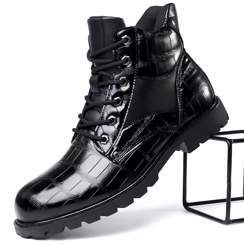 Detail shot of men's alligator embossed combat boots, showcasing the exotic texture & quality craftsmanship.