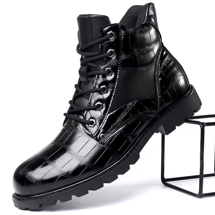 Detail shot of men's alligator embossed combat boots, showcasing the exotic texture & quality craftsmanship.