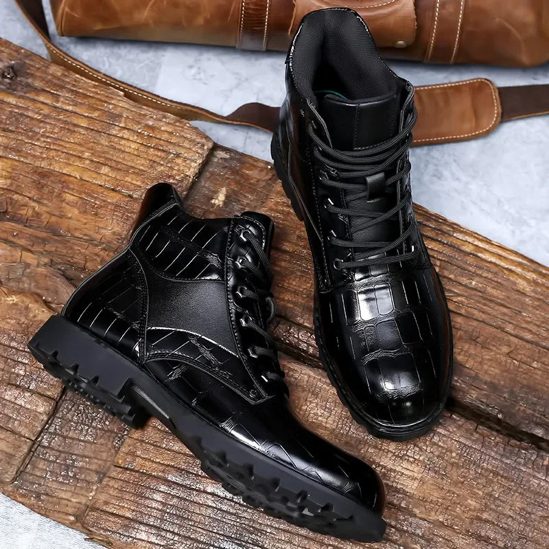 Full view of men's combat ankle boots, alligator embossed, featuring a powerful lace-up design & lug sole.