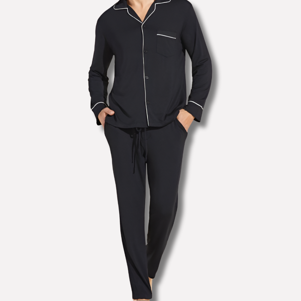 Men's black cotton sleepwear set: breathable long sleeve top and pants for ultimate comfort & home wear.