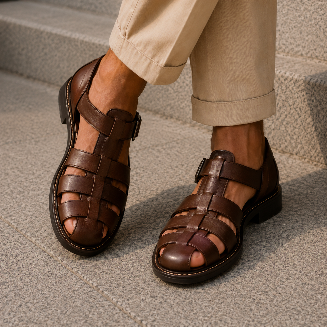 Comfortable men's closed-toe fisherman sandals with a versatile flat design for casual summer wear.
