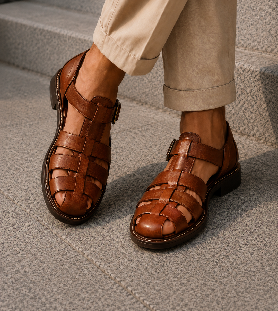 Walk comfortably in men's closed-toe fisherman sandals, designed for casual outdoor summer adventures.