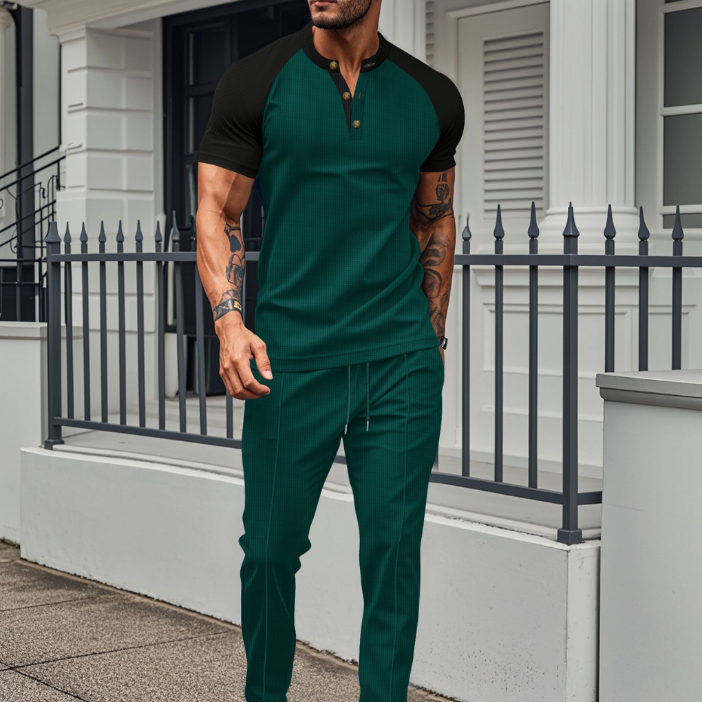 Stylish men's coordinated contrast Henley t-shirt & jogger pants loungewear set. Casual & sporty.