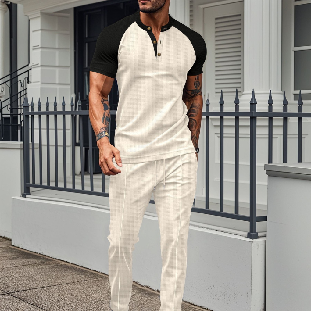 Relaxed fit men's contrast Henley top and jogger pants, a comfortable two-piece loungewear set.