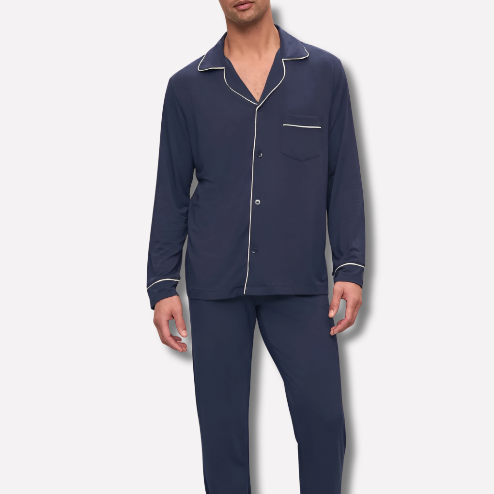 Men's comfortable navy blue cotton button-up long sleeve pyjama set, ideal for relaxation and sleepwear.