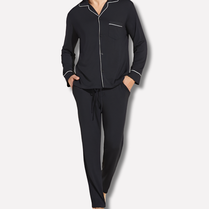 Classic black men's cotton long sleeve button-up pajama set, perfect for comfortable nightwear and loungewear.