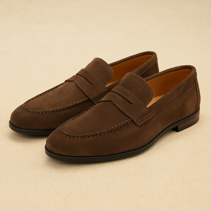 Classic black leather men's penny loafers, ideal comfortable slip-on shoes for spring, fall, and office style.
