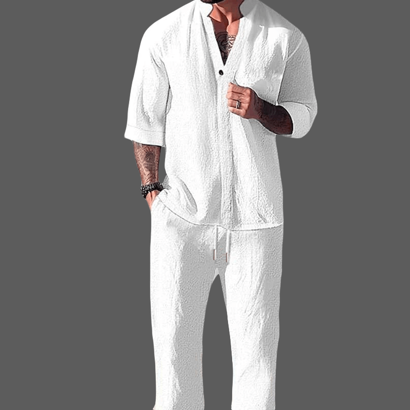 Men's comfortable V-neck loungewear set with soft fabric, perfect for relaxation & home wear.