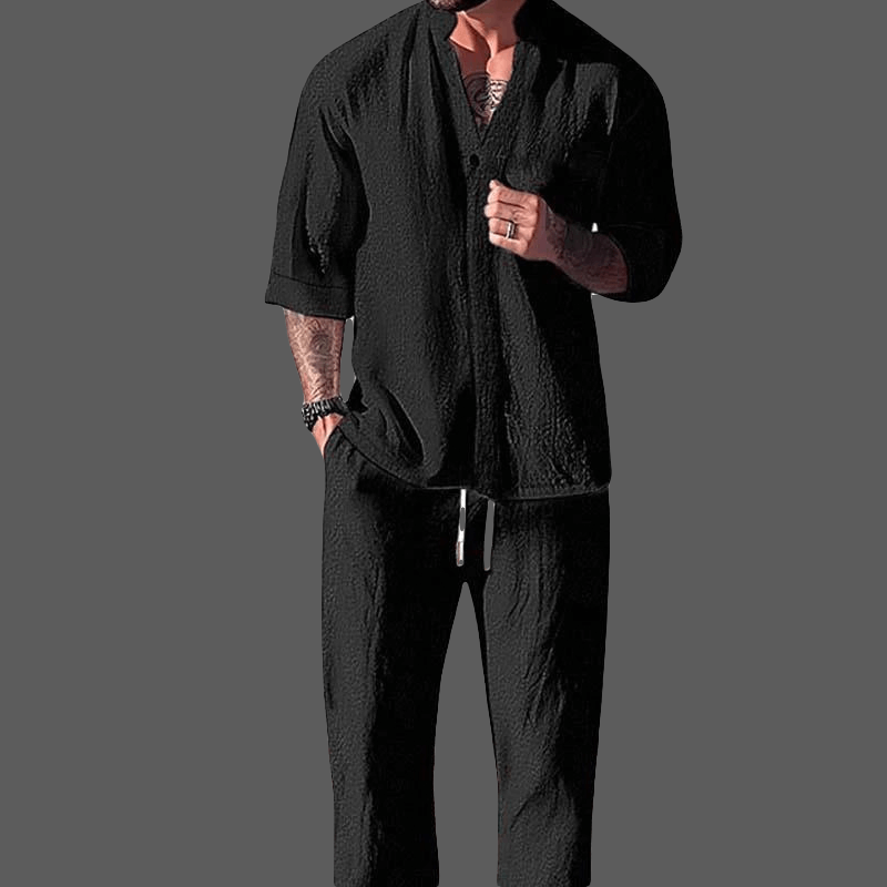 Two-piece men's loungewear set featuring a V-neck top and drawstring pants, ideal for casual comfort.