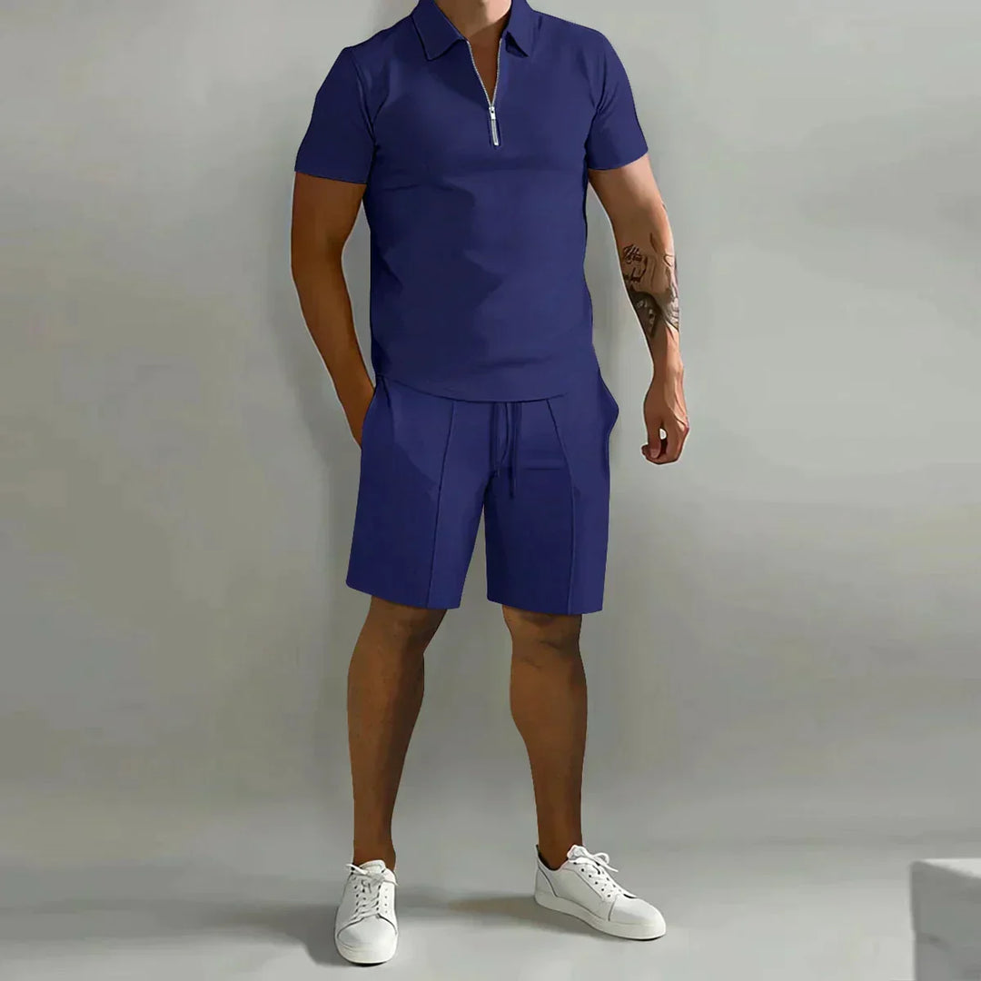 Relaxed fit men's zip polo shirt and matching shorts. Ideal comfortable summer apparel.