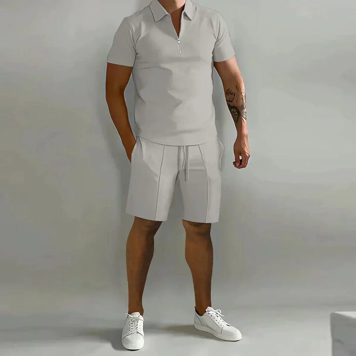 Men's fashion matching two-piece zip polo shirt & shorts set. Great for casual summer style.