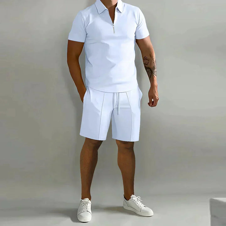 Casual men's zip polo shirt and shorts outfit, a comfortable two-piece set for warm weather.