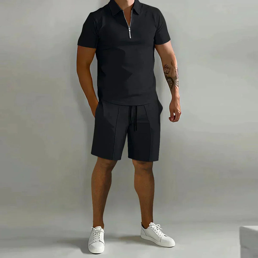 Men's zip polo & shorts casual set for summer. Relaxed fit and comfortable for warm weather activities.