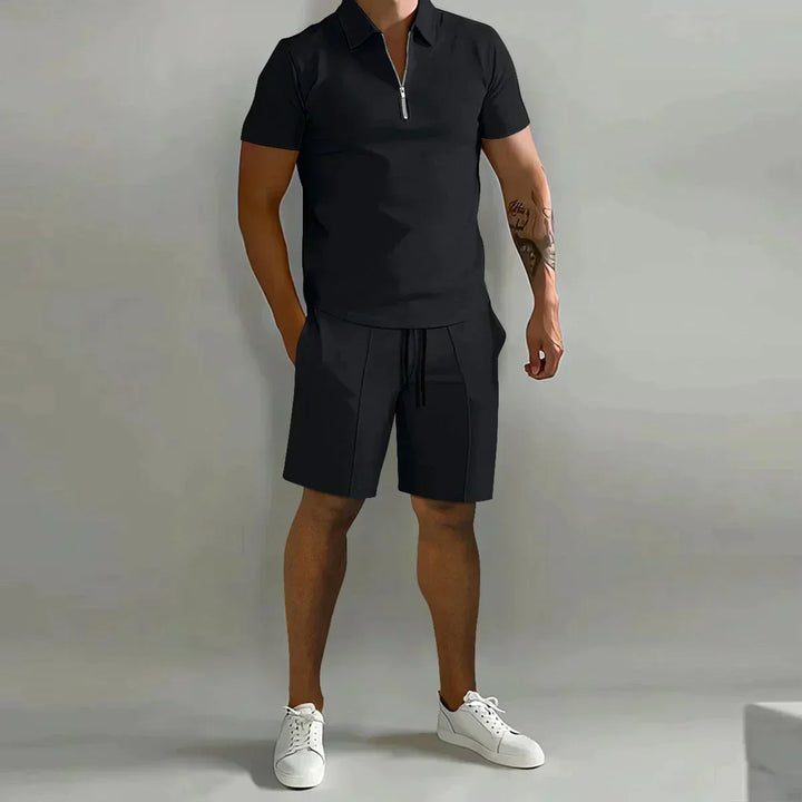 Men's zip polo & shorts casual set for summer. Relaxed fit and comfortable for warm weather activities.