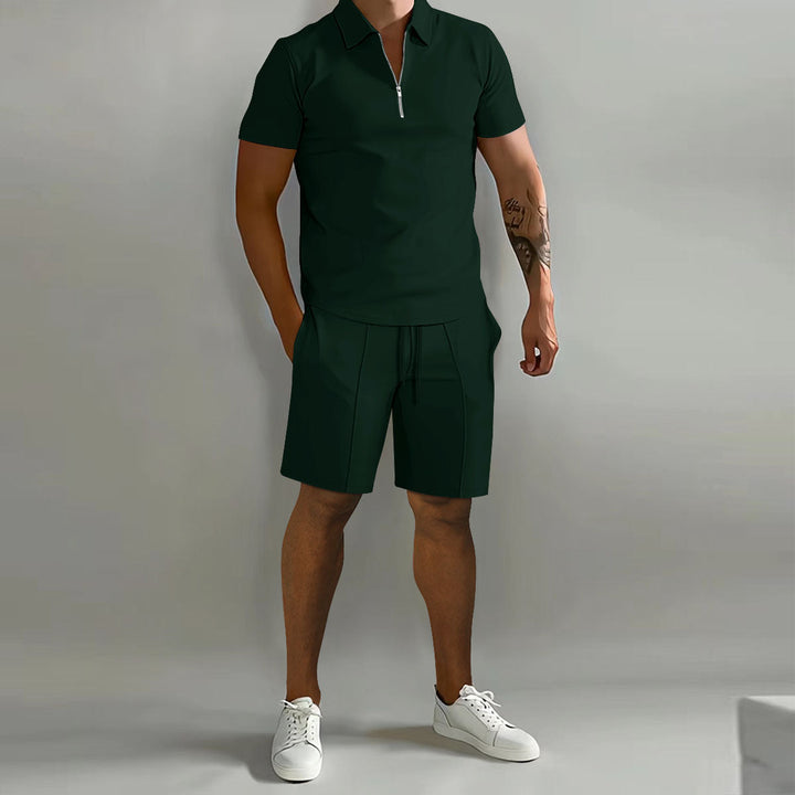 Versatile men's summer casual set: a comfortable zip polo shirt paired with matching shorts.