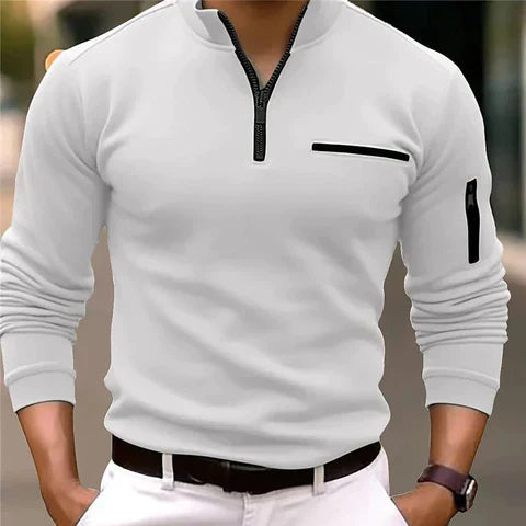 Men's comfy gray zip-up sweater with convenient front pockets, perfect for casual everyday wear.
