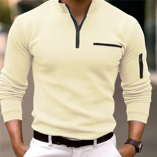 Classic black men's zip sweater, featuring a full-zip closure and functional pockets for convenience.