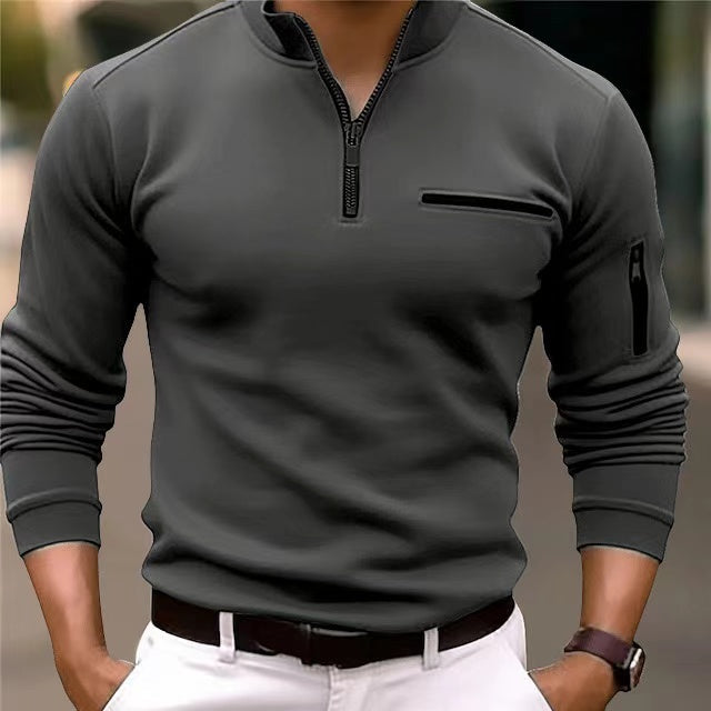 Durable men's versatile zip-up sweater with practical front pockets, ideal for everyday casual style.
