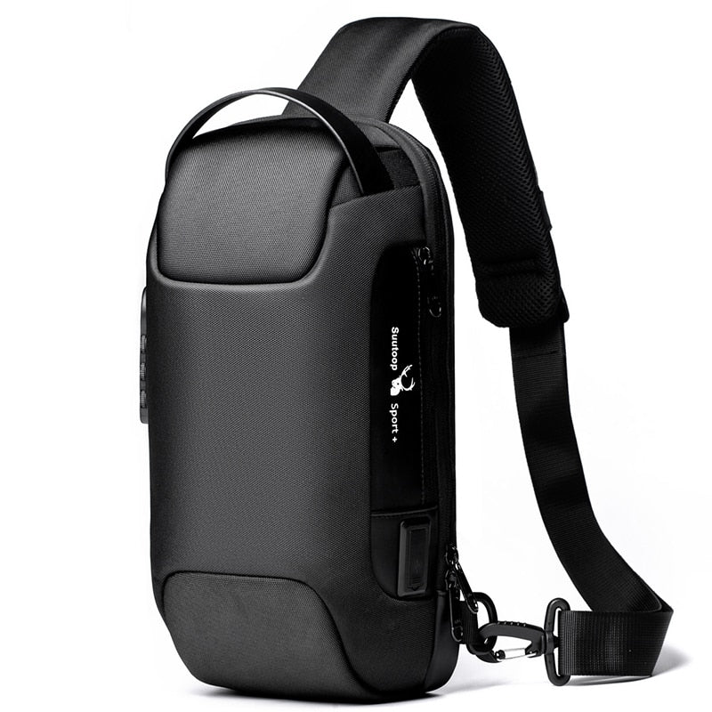 Men's compact anti-theft crossbody bag with integrated USB charging port.