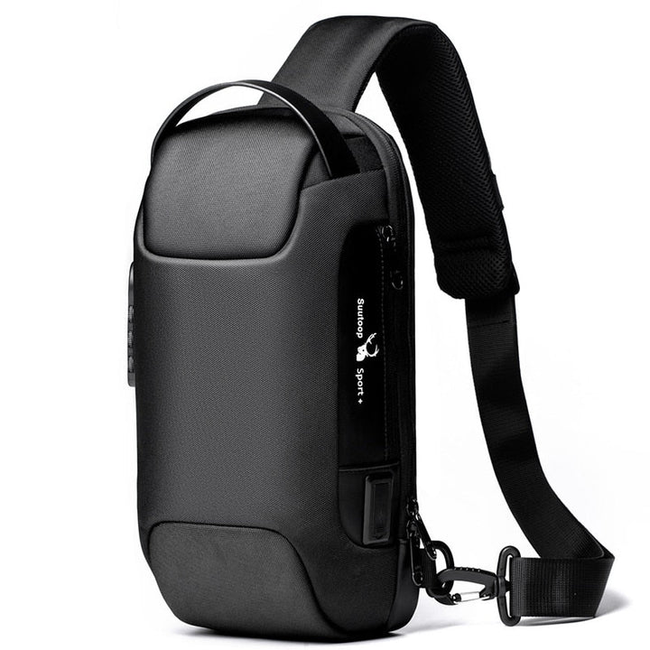 Men's compact anti-theft crossbody bag with integrated USB charging port.