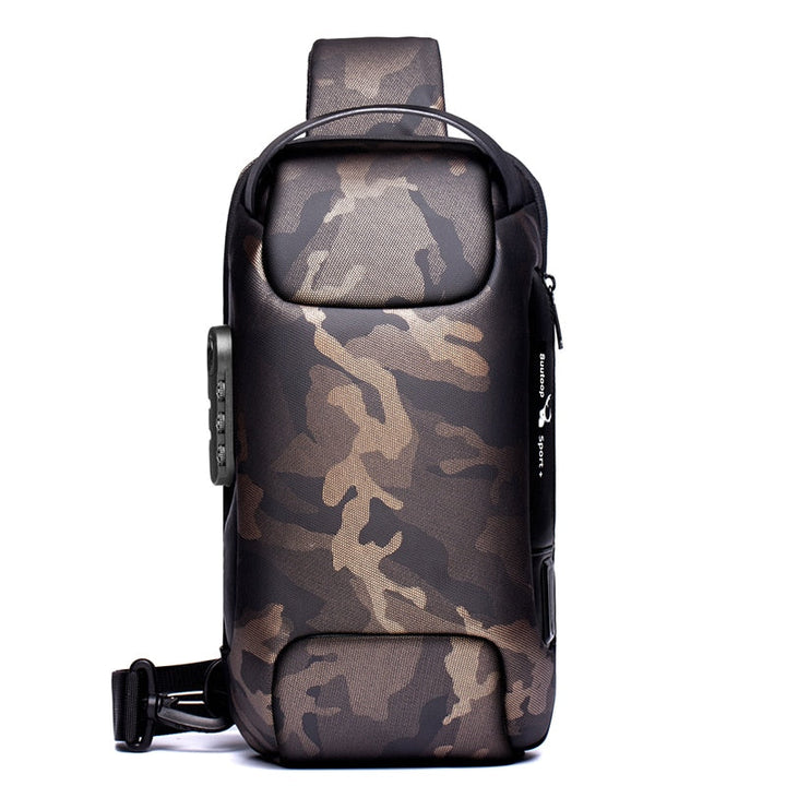 Sleek black men's chest bag, compact & comfortable, with external USB charging port.