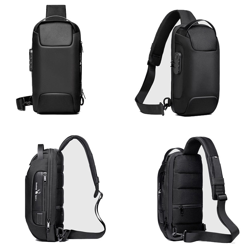 Durable water-resistant men's sling bag for everyday use & travel, includes USB charge port.