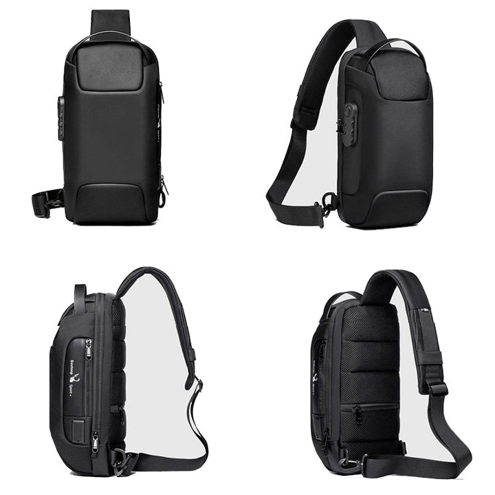 Durable water-resistant men's sling bag for everyday use & travel, includes USB charge port.